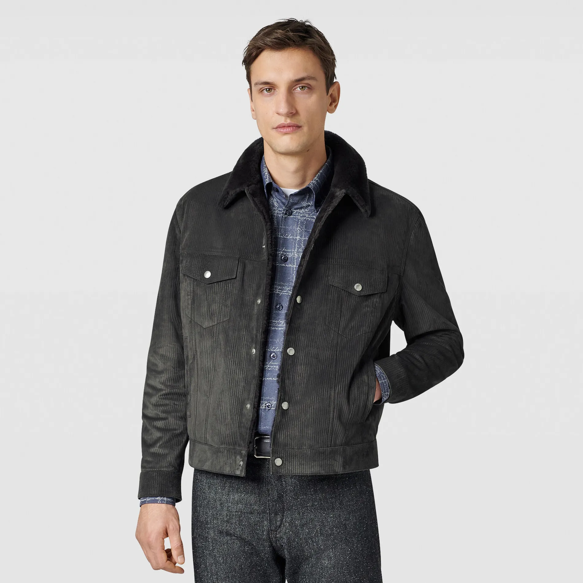 Berluti Blouson Embossé en Cuir avec Intérieur Shearling | Cuir